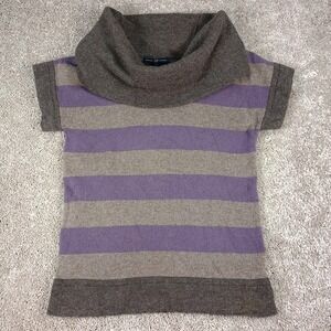 Y2K Gap Tan Purple Stripe Cowl Neck Short Sleeve Lambs Wool Sweater Small